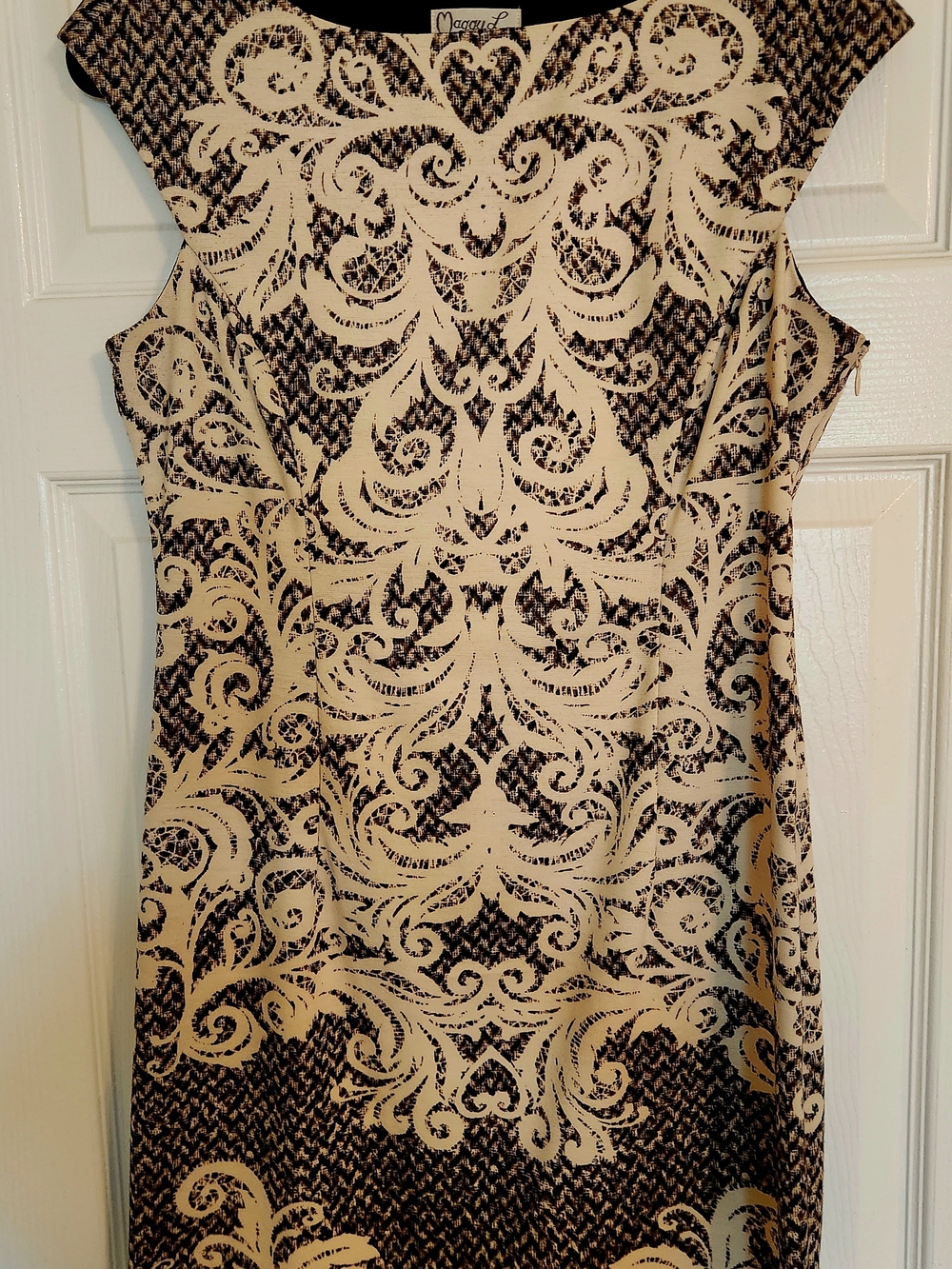 Jacquard Patterned Black, Dark Green and Cream Sheath Dress